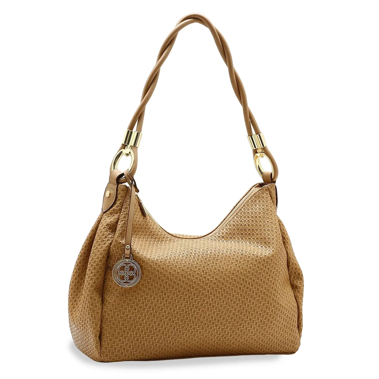 Bolsa casual feminina Chenson marrom com textura trançada, alça torcida e detalhes dourados, vista frontal em ângulo levemente lateral